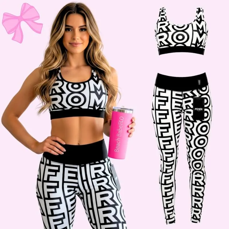 Model wearing trendy roma monogram yoga set in black