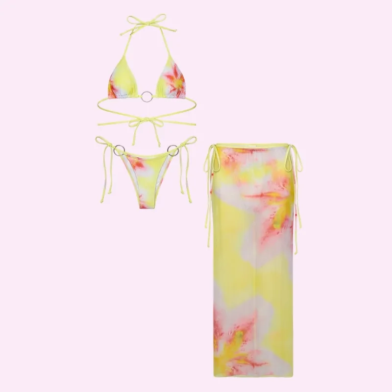 Tropical Ring Detail 3 Piece Bikini Set with Sheer Maxi Skirt
