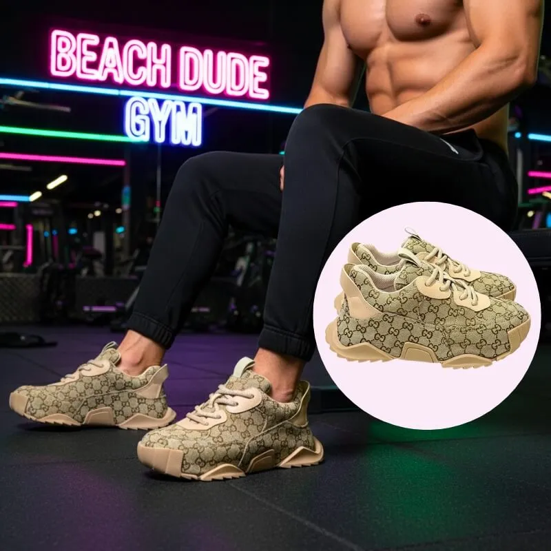 Model wearing ultra high end monogram sneakers in beige