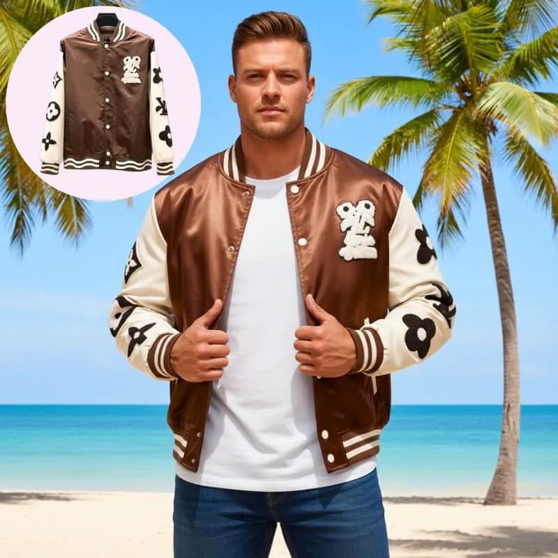 Model wearing varsity bomber jacket in brown