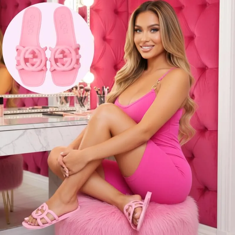 Model wearing waterproof pool slides in pink
