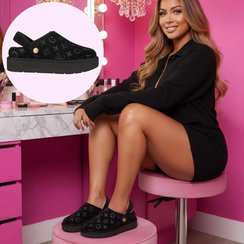Model wearing women’s platform slingback clog mules in black