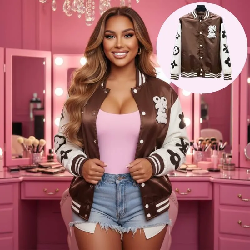 Model wearing women’s varsity bomber jacket in brown