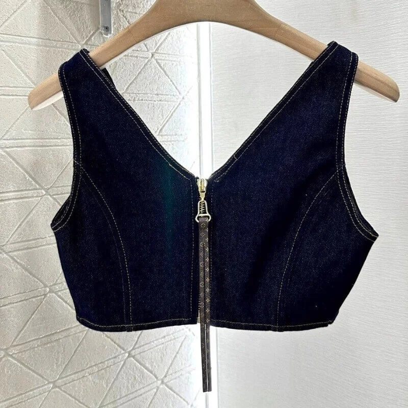 Zip Front Denim Crop Top Structured Street Fit